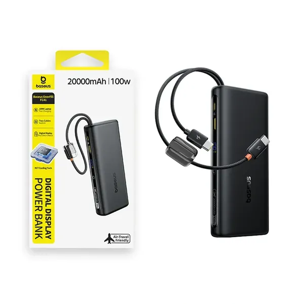 Powerbank Baseus EnerFill FC41 20000mAh 100W z wyświetlaczem cyfrowym i wbudowanym podwójnym kablem USB-C - czarny