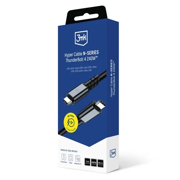 Kabel 3mk Hyper Cable N-SERIES Thunderbolt 4 USB-C / USB-C 1m 48V/5A 40Gb/s 240W 8K60Hz - czarny