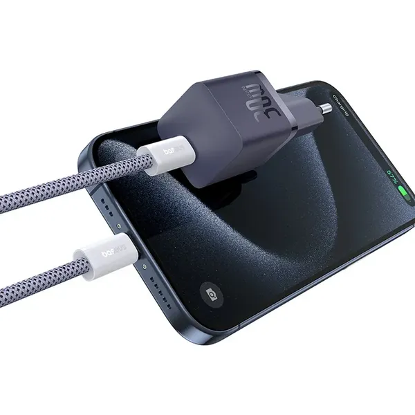 Ładowarka sieciowa Baseus GaN5 30W USB-C EU z fioletowym kablem Baseus Dynamic 3 USB-C 100W 1m - fioletowa