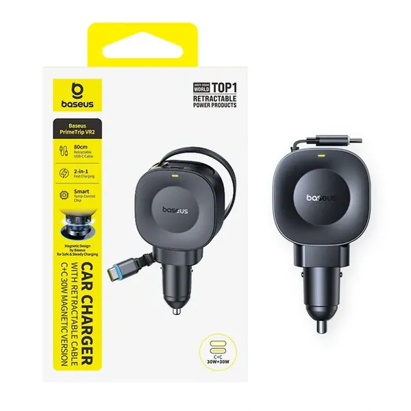 Ładowarka samochodowa Baseus PrimeTrip VR2 30W + 30W ze zwijanym kablem USB-C - czarna