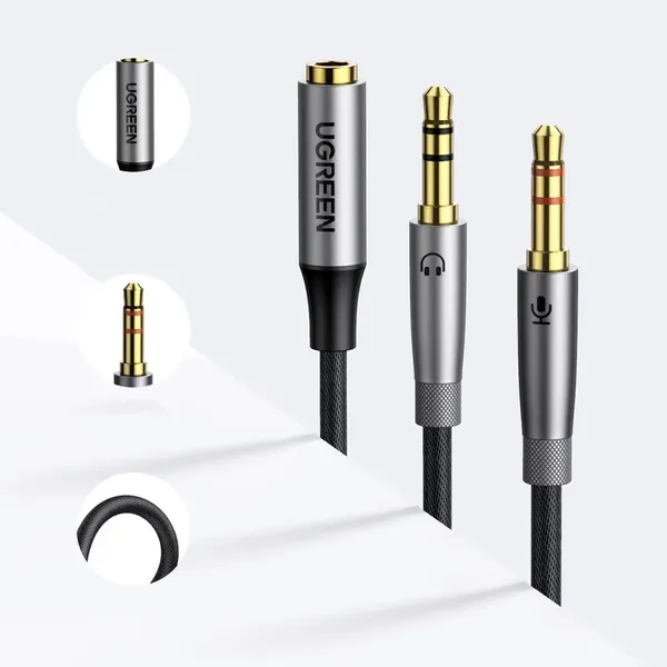 Ugreen kabel rozdzielacz AUX 3,5 mm mini jack (żeński) - 2x 3,5 mm mini jack (męski - mikrofon i słuchawki) srebrny (AV193 50255