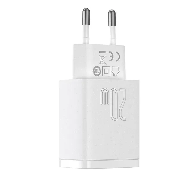 Szybka ładowarka sieciowa USB-A / USB-C Baseus Compact CCXJ-B02 20W 3A PD QC 3.0 - biała