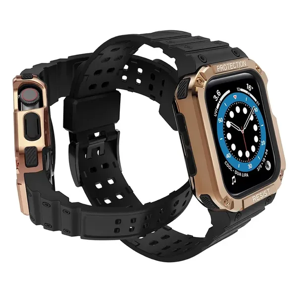 Pasek z etui ochronnym Protect Strap Band do Apple Watch 42 / 44 / 45 mm opaska obudowa pancerna - czarny, różowe złoto