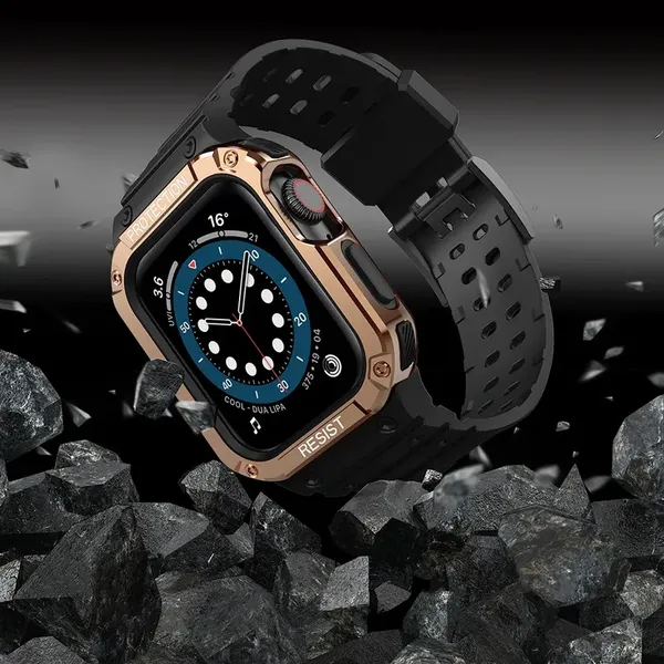 Pasek z etui ochronnym Protect Strap Band do Apple Watch 42 / 44 / 45 mm opaska obudowa pancerna - czarny, różowe złoto