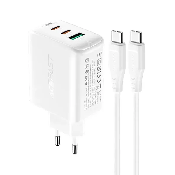 Acefast 2w1 ładowarka sieciowa 2x USB-C / USB-A 65W, PD, QC 3.0, AFC, FCP (zestaw z kablem USB-C 1.2m) biały (A13 white)
