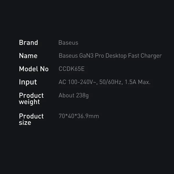 Baseus GaN3 Pro szybka ładowarka sieciowa GaN 2 x USB Typ C / 2 x USB 65W PD, QC4.0+, AFC, PPS + kabel USB Typ C - USB Typ C 1m 