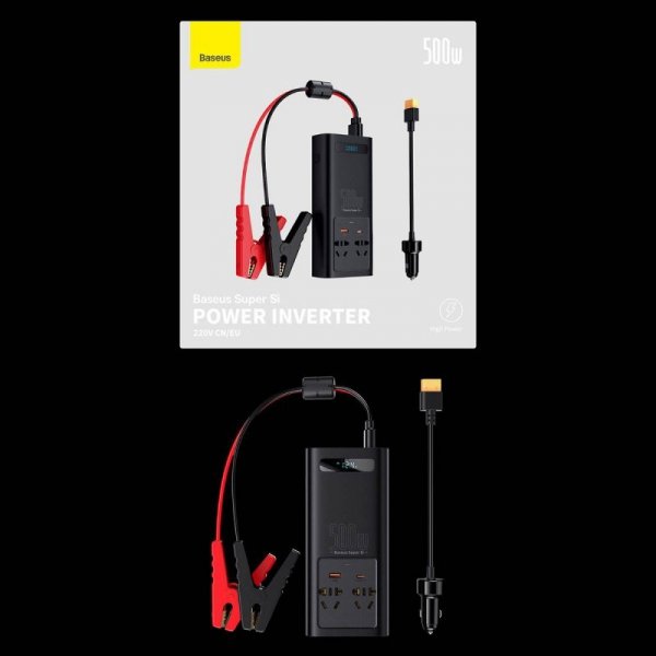Baseus samochodowa przetwornica inwerter prądu 150W 12V / 500W  220V (wtyczka EU i CN) czarny (CGNB000101)