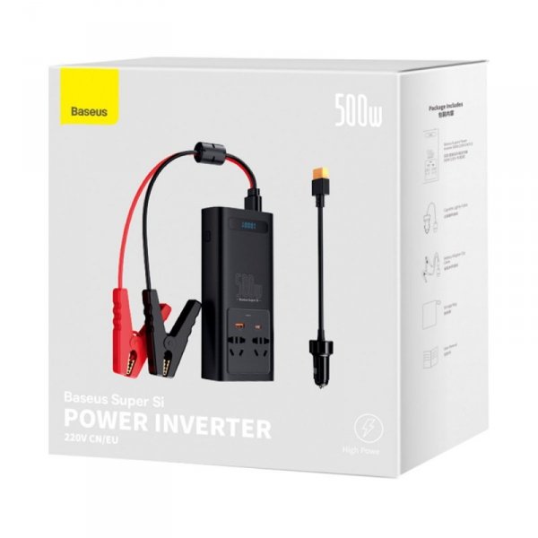Baseus samochodowa przetwornica inwerter prądu 150W 12V / 500W  220V (wtyczka EU i CN) czarny (CGNB000101)
