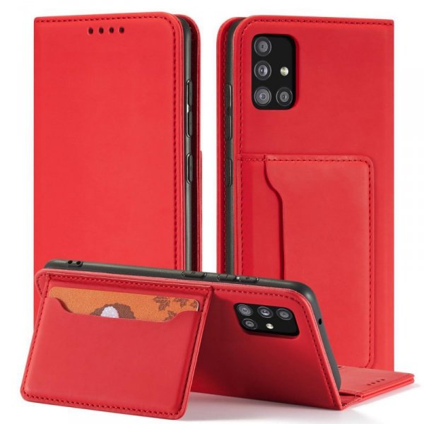 Magnet Card Case etui do Samsung Galaxy A12 5G pokrowiec portfel na karty kartę podstawka czerwony