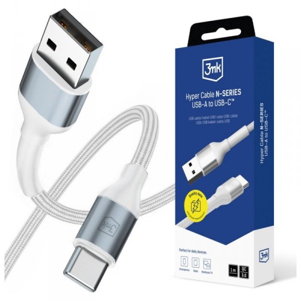 Kabel 3MK Hyper Cable N-SERIES USB-A do  USB-C 1m 9V/2A 18W biały