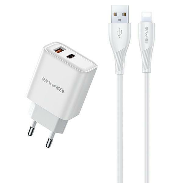 AWEI ład. siec. PD81L-EU 22.5W + kabelUSB + Lightning biała/white GaN