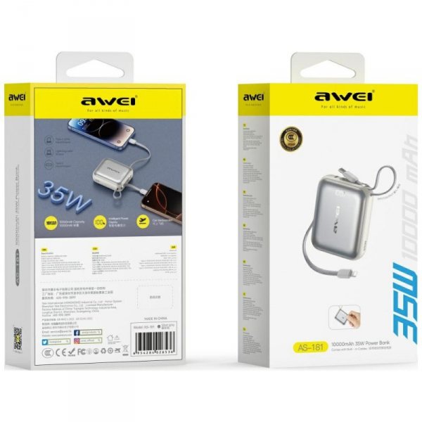 Powerbank Awei AS-181 10000mAh 35W USB-C + kable Lightning/USB-C srebrny