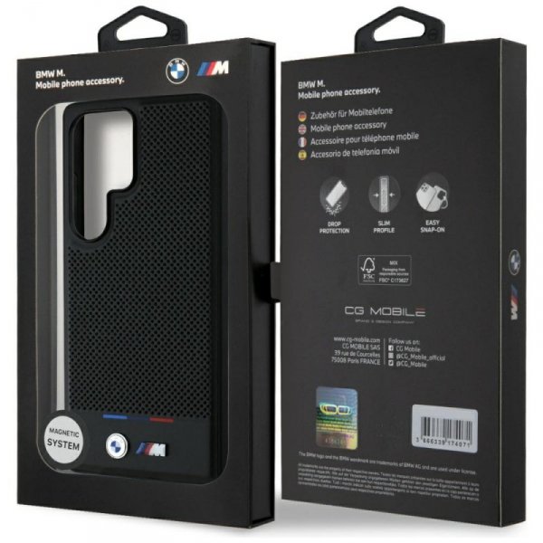 Etui BMW Leather Tricolor Stripe MagSafe do Samsung Galaxy S25 Ultra czarny