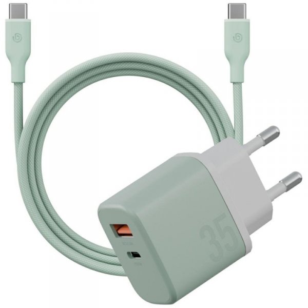 Ładowarka sieciowa Bazic GoPort Velox    Kit USB-C/USB-A GaN 35W z kablem zielony