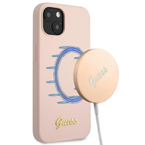 Guess GUHMP13MLSLMGLP iPhone 13 / 14 /15 6.1&quot; jasnoróżowy/light pink hardcase Silicone Script Gold Logo Magsafe