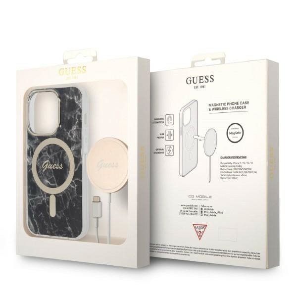 Zestaw Guess GUBPP14LHMEACSK Case+ Charger iPhone 14 Pro 6,1&quot; czarny/black hard case Marble MagSafe
