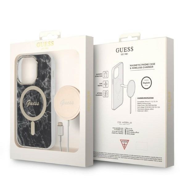 Zestaw Guess GUBPP14LHMEACSK Case+ Charger iPhone 14 Pro 6,1&quot; czarny/black hard case Marble MagSafe