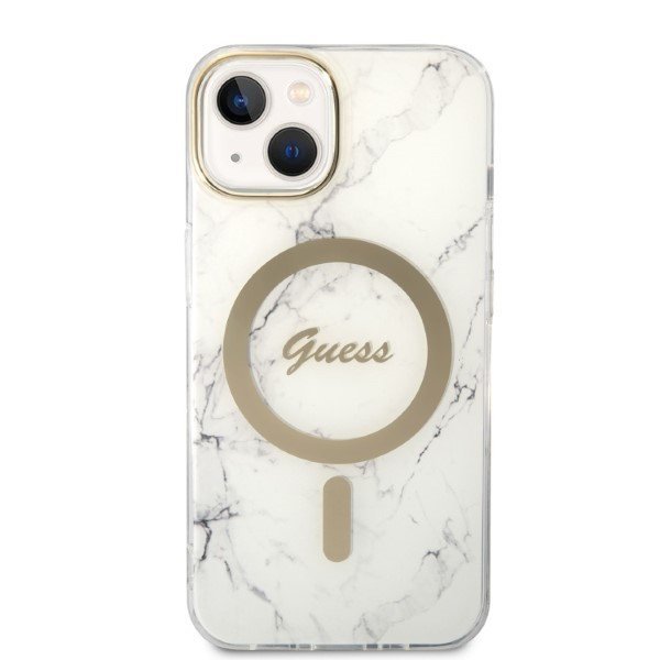 Zestaw Guess GUBPP14MHMEACSH Case+ Charger iPhone 14 Plus / 15 Plus 6.7&quot; biały/white hard case Marble MagSafe