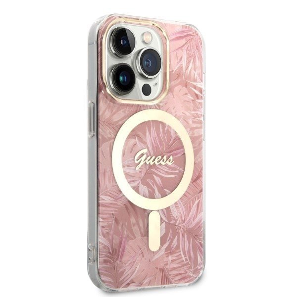 Zestaw Guess GUBPP14LHJEACSP Case+ Charger iPhone 14 Pro 6,1&quot; różowy/pink hard case Jungle MagSafe