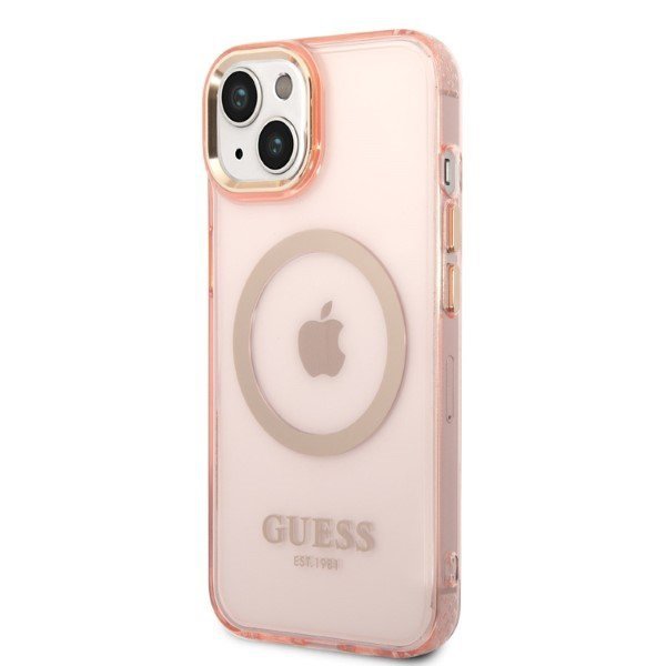 Guess GUHMP14SHTCMP iPhone 14 / 15 / 13 6,1&quot; różowy/pink hard case Gold Outline Translucent MagSafe