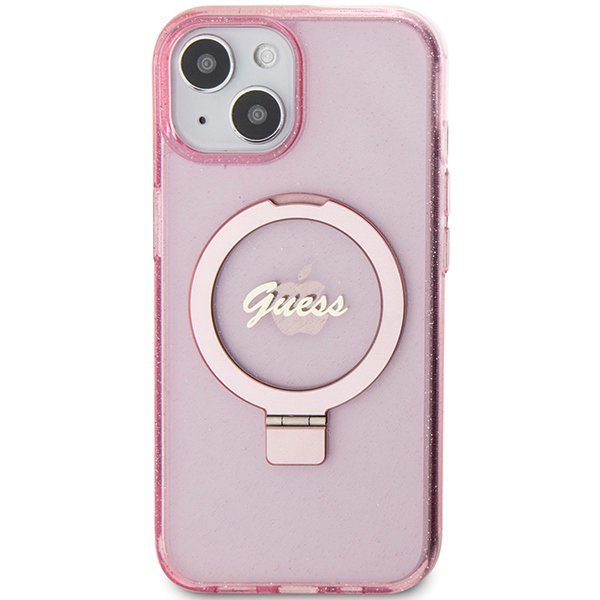 Guess GUHMP15SHRSGSP iPhone 15 / 14 / 13 6.1&quot; różowy/pink hardcase Ring Stand Script Glitter MagSafe