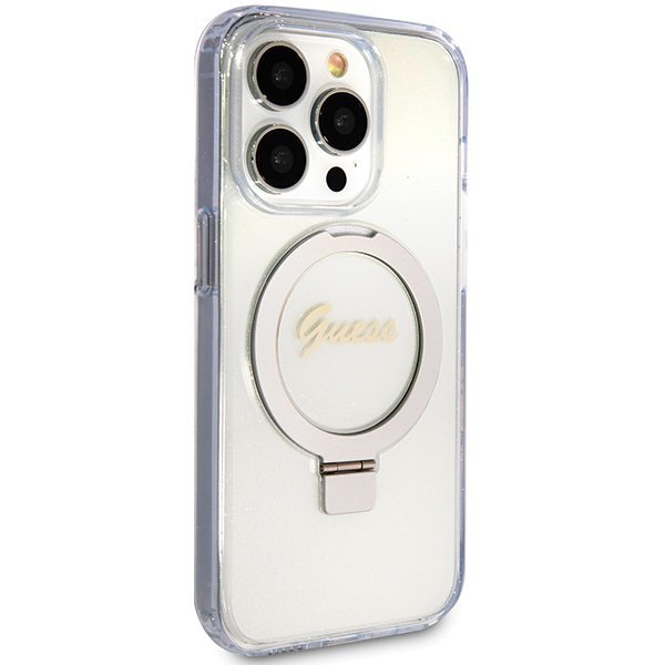 Guess GUHMP15LHRSGSD iPhone 15 Pro 6.1&quot; przezroczysty/transparent hardcase Ring Stand Script Glitter MagSafe