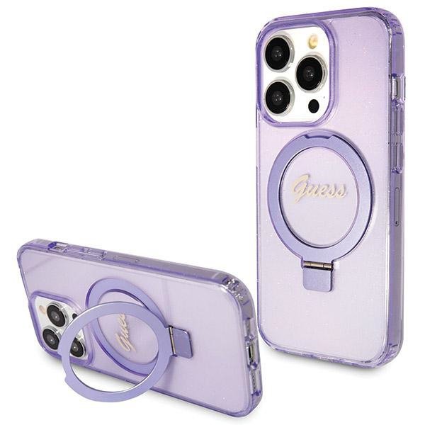 Guess GUHMP14LHRSGSU iPhone 14 Pro 6.1&quot; fioletowy/purple hardcase Ring Stand Script Glitter MagSafe