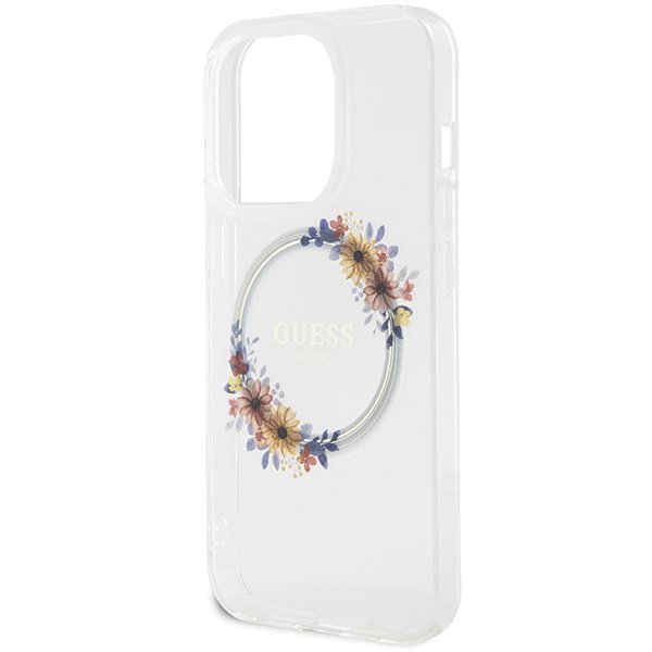 Guess GUHMP15LHFWFCT iPhone 15 Pro 6.1&quot; transparent hardcase IML Flowers Wreatch MagSafe