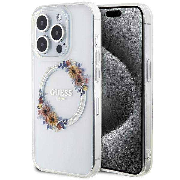 Guess GUHMP15XHFWFCT iPhone 15 Pro Max 6.7&quot; transparent hardcase IML Flowers Wreatch MagSafe