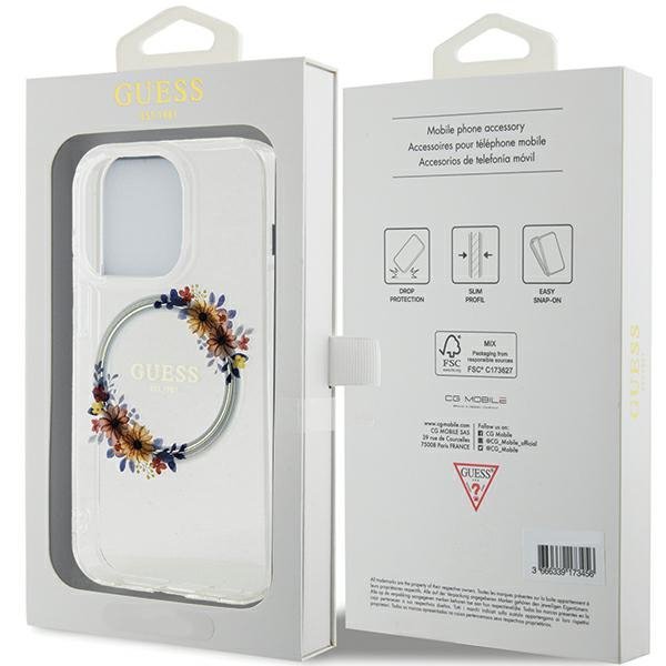 Guess GUHMP15XHFWFCT iPhone 15 Pro Max 6.7&quot; transparent hardcase IML Flowers Wreatch MagSafe