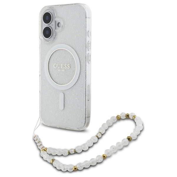 Guess GUHMP16MHGCRELST iPhone 16 Plus6.7&quot; przeźroczysty/transparent hardcase IML Glitter With Pearl Strap MagSafe