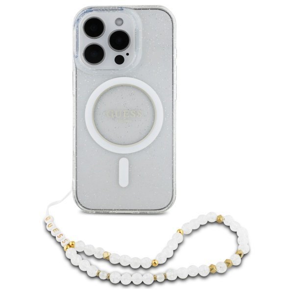 Guess GUHMP16LHGCRELST iPhone 16 Pro 6.3&quot; przeźroczysty/transparent hardcase IML Glitter With Pearl Strap MagSafe