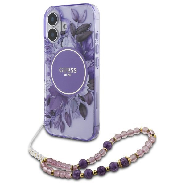 Guess GUHMP16MHFWBRCESU iPhone 16 Plus 6.7&quot; fioletowy/purple hardcase IML Flowers With Pearl Strap MagSafe