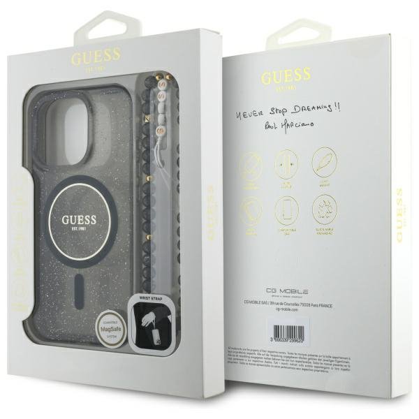 Guess GUHMP16XHGCRELSK iPhone 16 Pro Max 6.9&quot; czarny/black hardcase IML Glitter With Pearl Strap MagSafe
