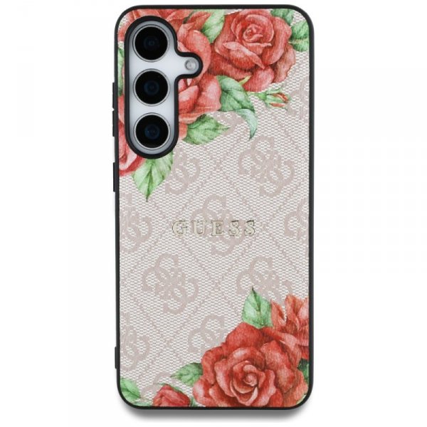Etui Guess Leather 4G Flowers Print      Metal Classic Logo MagSafe Samsung Galaxy S25 różowy