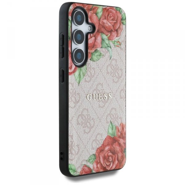 Etui Guess Leather 4G Flowers Print      Metal Classic Logo MagSafe Samsung Galaxy S25 różowy