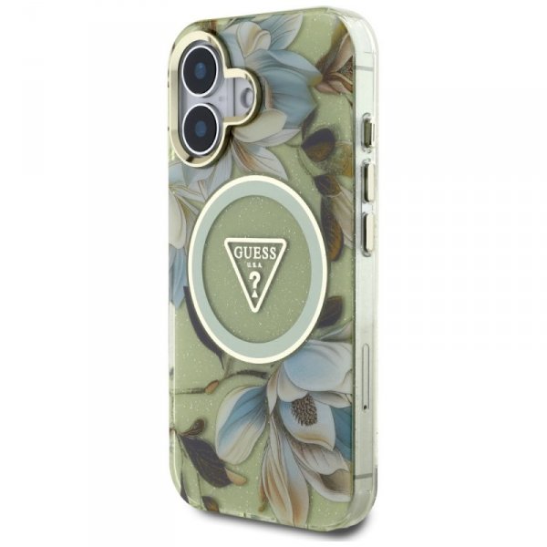 Etui Guess Glitter Flowers Triangle      Buttons MagSafe do iPhone 16 zielony