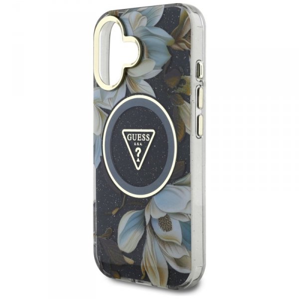 Etui Guess Glitter Flowers Triangle      Buttons MagSafe do iPhone 16 czarny