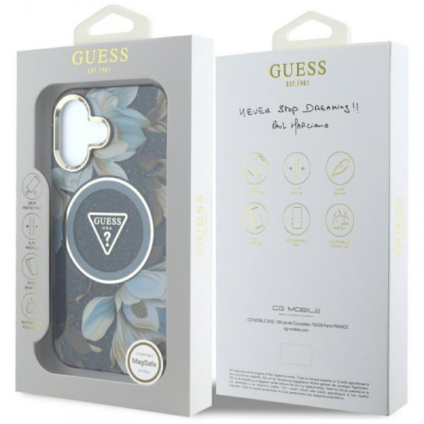 Etui Guess Glitter Flowers Triangle      Buttons MagSafe do iPhone 16 czarny