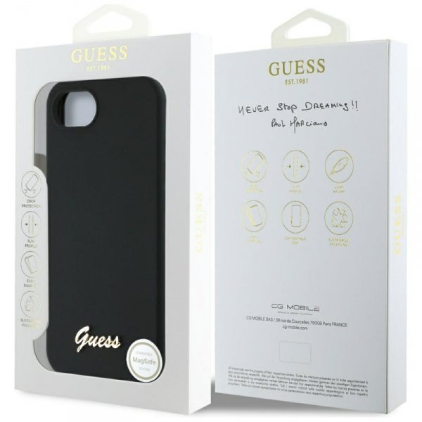Etui Guess Silicone Script Metal Logo    MagSafe do iPhone 16e czarny