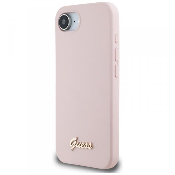 Etui Guess Silicone Script Metal Logo    MagSafe do iPhone 16e różowy