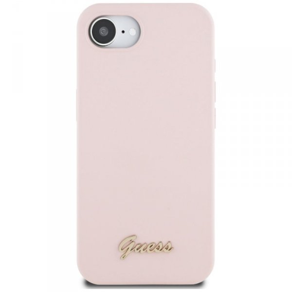 Etui Guess Silicone Script Metal Logo    MagSafe do iPhone 16e różowy