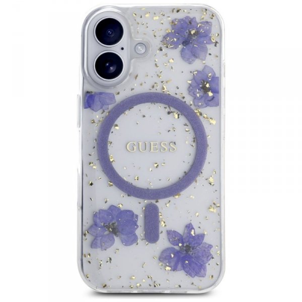 Etui Guess Resin Flowers Glitter MagSafe do iPhone 16 fioletowy