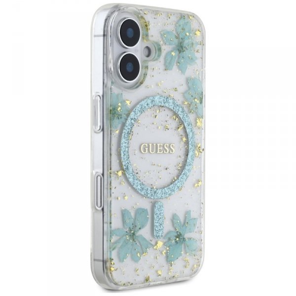 Etui Guess Resin Flowers Glitter MagSafe do iPhone 16 turkusowy
