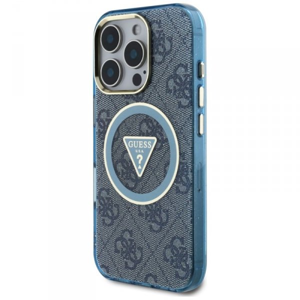 Etui Guess IML Metal Glitter 4G Circle   Triangle MagSafe do iPhone 16 Pro niebieski