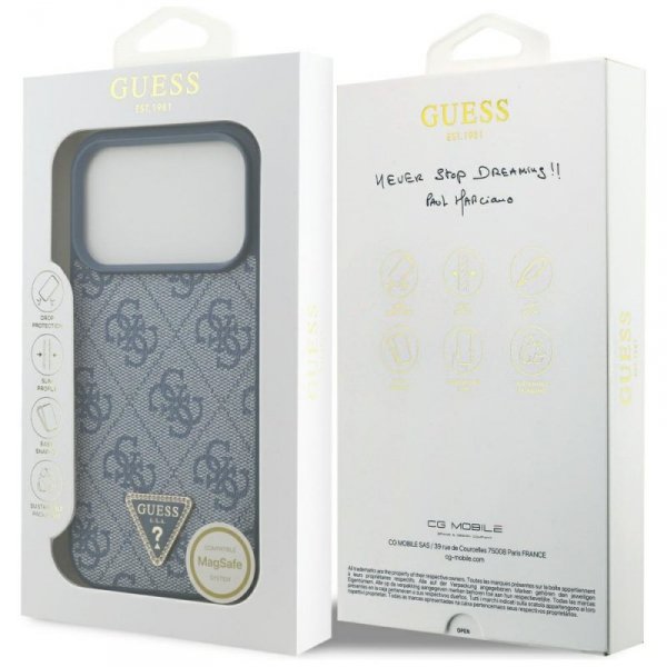 Etui Guess Leather 4G Triangle Strass    MagSafe do iPhone 17 Pro niebieski