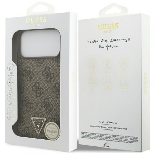 Etui Guess Leather 4G Triangle Strass    MagSafe do iPhone 17 Pro Max brązowy