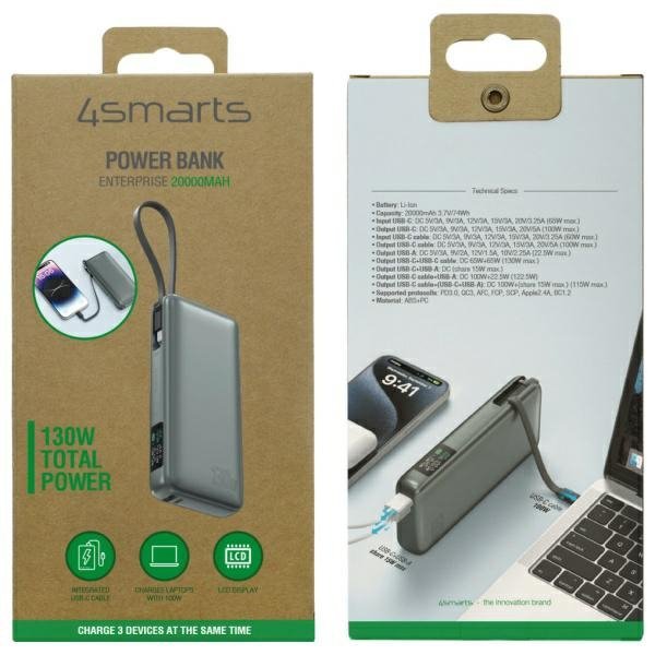 4smarts Powerbank Enterprise 20000mAh    130W z wbudowanym kablem USB-C szary/space grey 541134