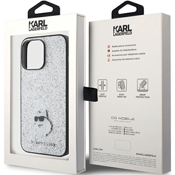 Karl Lagerfeld KLHCP15XGCNPSG iPhone 15 Pro Max 6.7&quot; srebrny/silver hardcase Fixed Glitter Choupette Logo Metal Pin