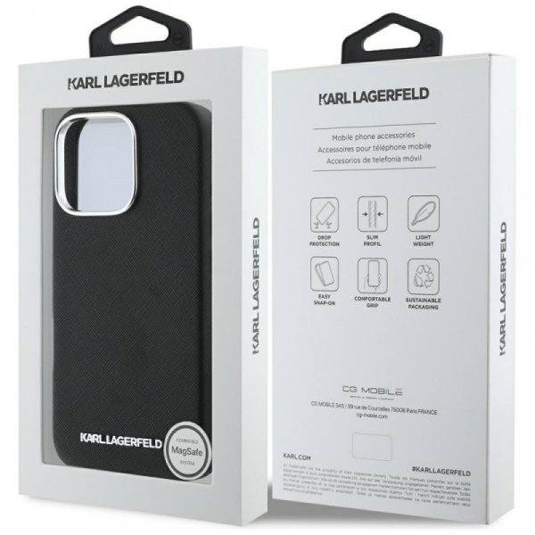Etui Karl Lagerfeld Saffiano Full        Wrapped Elongated Metal Logo MagSafe do iPhone 16 Pro czarny